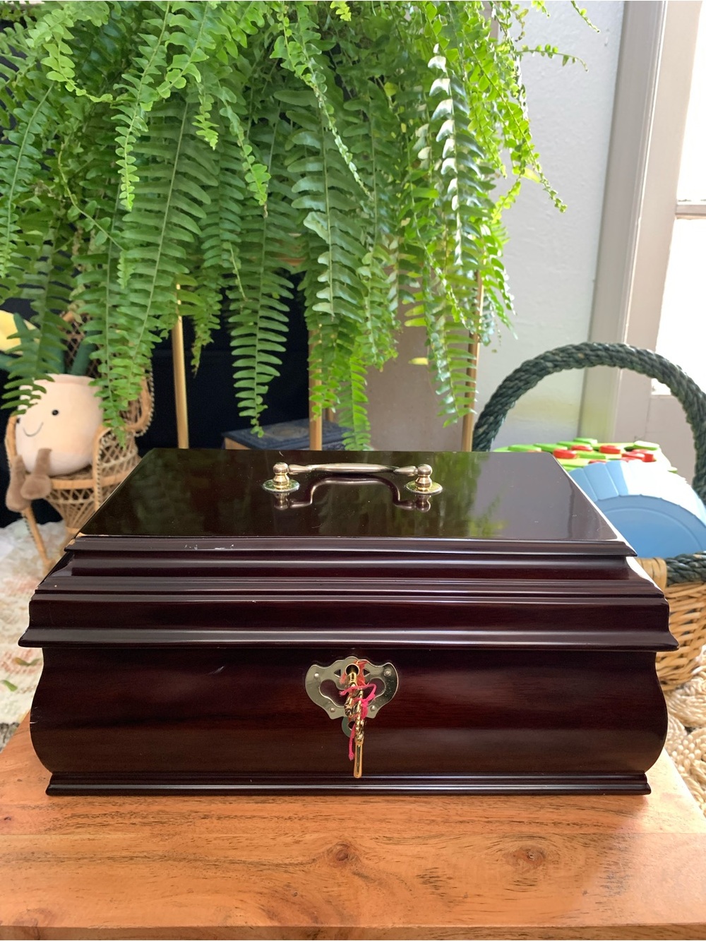 Wooden Jewelry Box with Brass Handle in Dark Brown